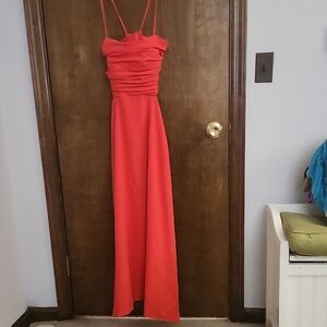 Cinq a Sept Judy Red/Orange Shirred Spaghetti Strap Gown
